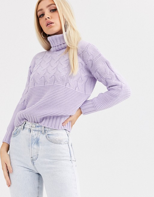 Boohoo roll neck jumper with cable detail in lilac