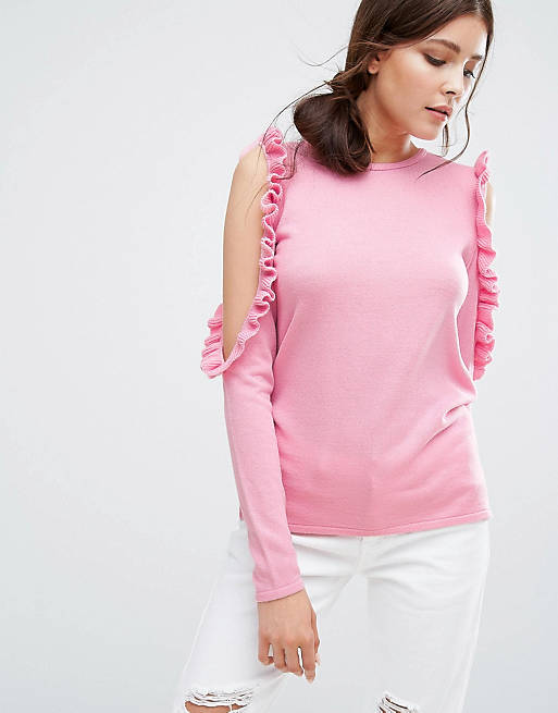 Boohoo Ruffle Cold Shoulder Knit Sweater