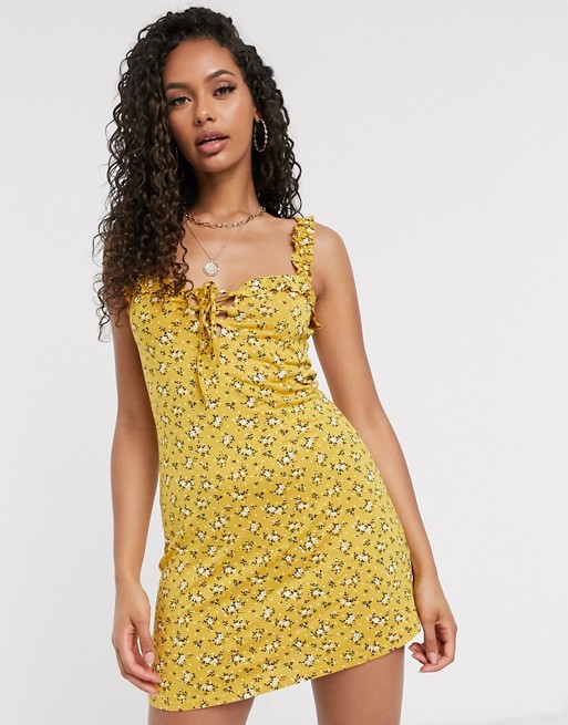 Boohoo ruffle strap sundress in yellow ditsy floral