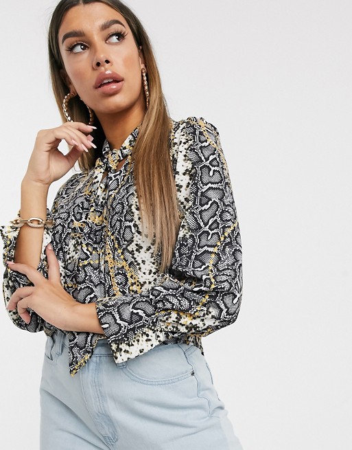 Boohoo satin blouse with pussybow in grey snake print
