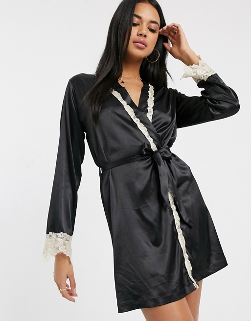 Boohoo satin dressing gown with contrast lace trims and tie waist in black