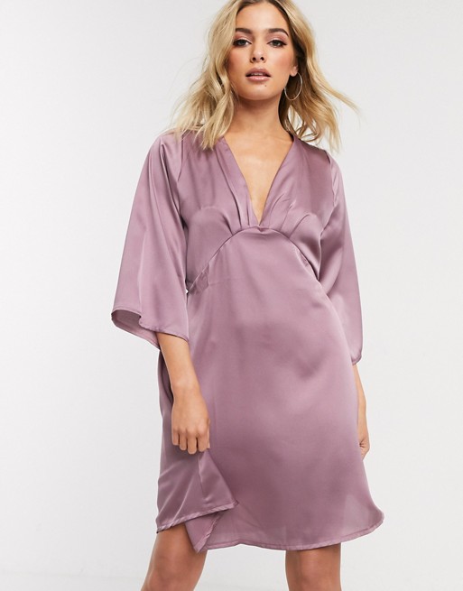 Boohoo satin midi tea dress with v neck and gathered detail in pale pink