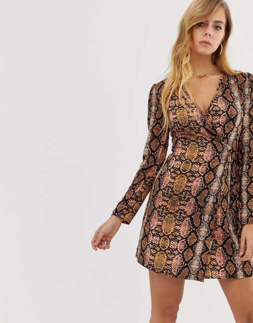 Boohoo satin tie side wrap dress in snake print | ASOS