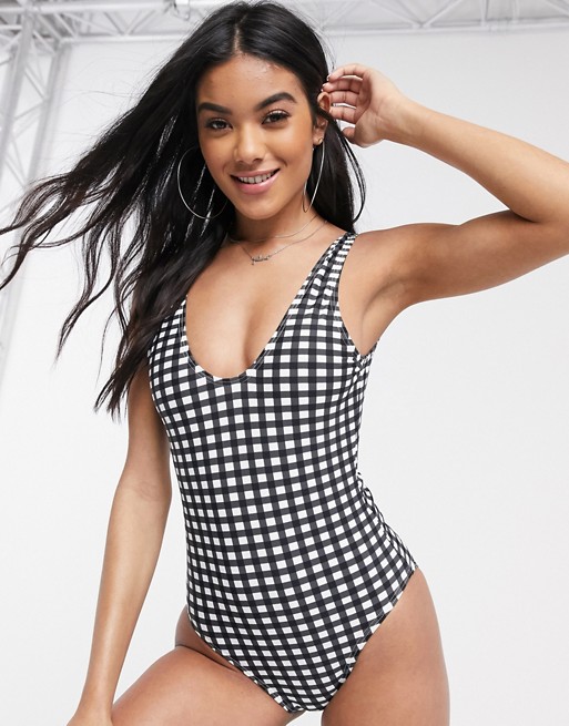 Boohoo scoop neck swimsuit in black and white gingham