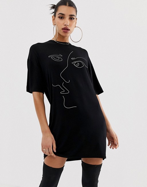 Boohoo scribble face t-shirt mini dress in black