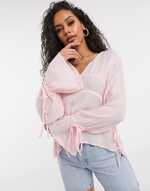 Boohoo sheer blouse with sleeve detail in pink