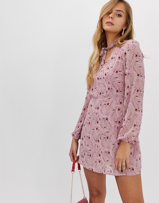 Boohoo shift dress with pussybow in pink floral