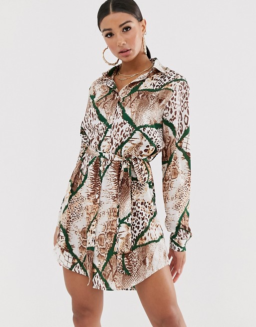 Boohoo shirt dress with removeable tie waist in snake print