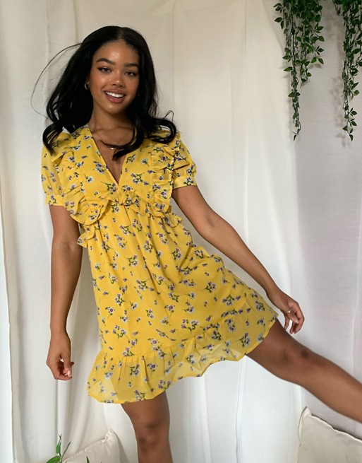 Boohoo skater dress with frill detail in yellow ditsy floral