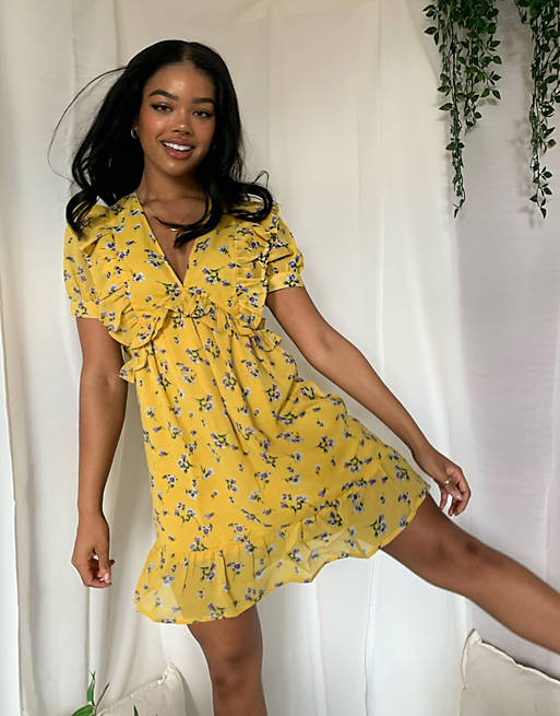 Boohoo skater dress with frill detail in yellow ditsy floral