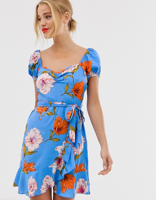Boohoo skater wrap dress with puff sleeve in blue floral