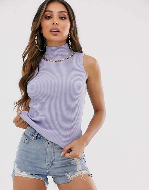 Boohoo sleeveless ribbed top with roll neck in lilac