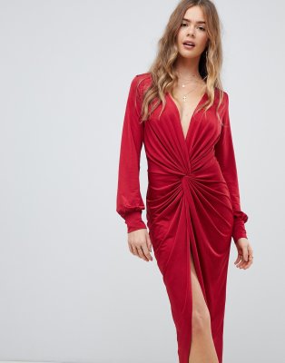 twist front plunge slinky midi dress