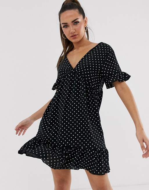Boohoo smock dress with frill detail in black heart print