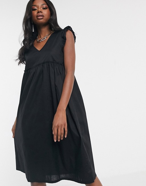 Boohoo smock dress with frill sleeve in black