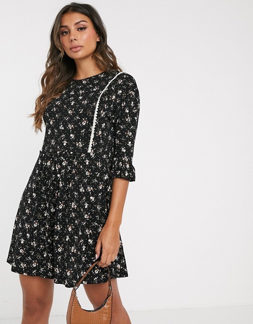 Boohoo smock dress with white trim in black ditsy floral