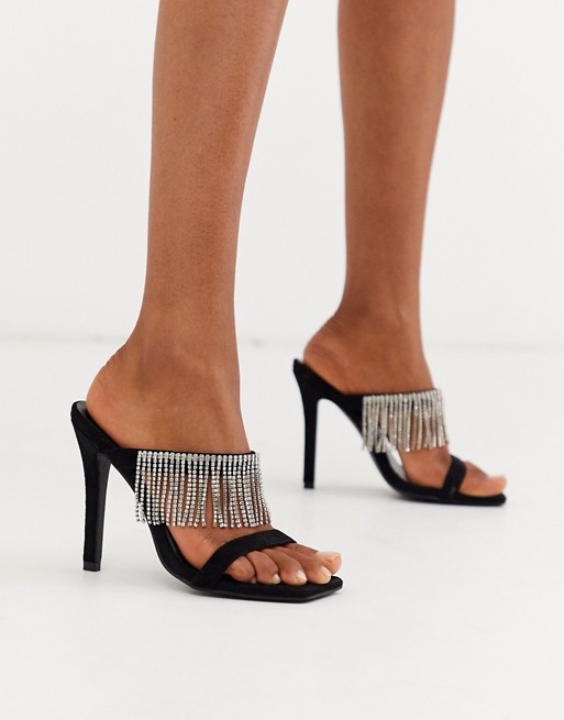 Boohoo square toe heeled sandal with crystals in black