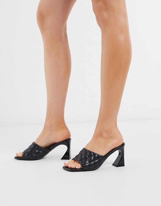 Boohoo square toe quilted mules with flared high heel in black