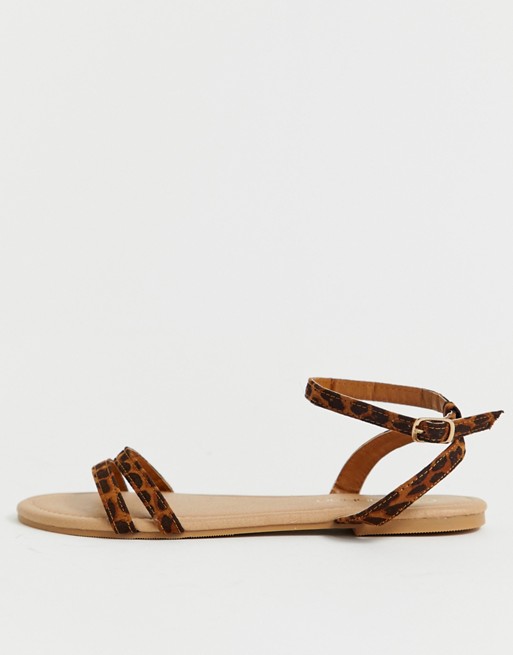 Boohoo strappy flat sandals with ankle strap in leopard