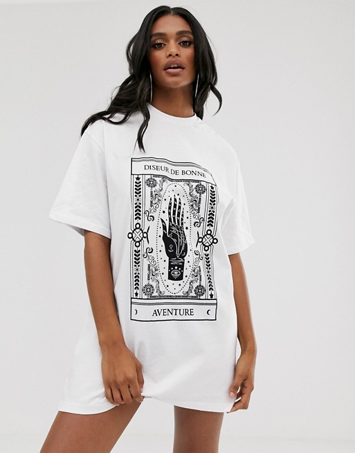 Boohoo t-shirt dress with mystic slogan in white