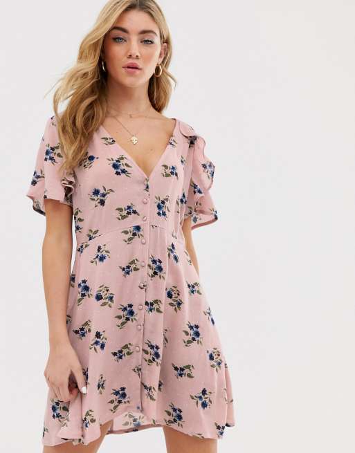 Boohoo tea dress with open back and angel sleeve in pink floral | ASOS