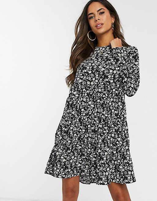 Boohoo tiered long sleeve smock dress in navy ditsy floral | ASOS