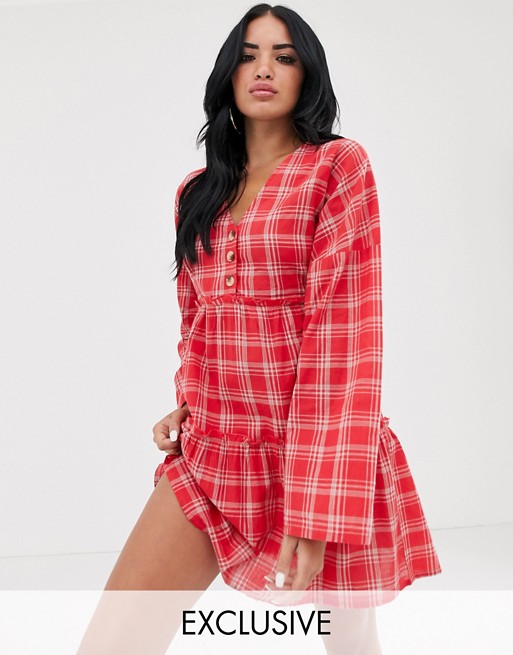 Boohoo tiered smock dress in red check