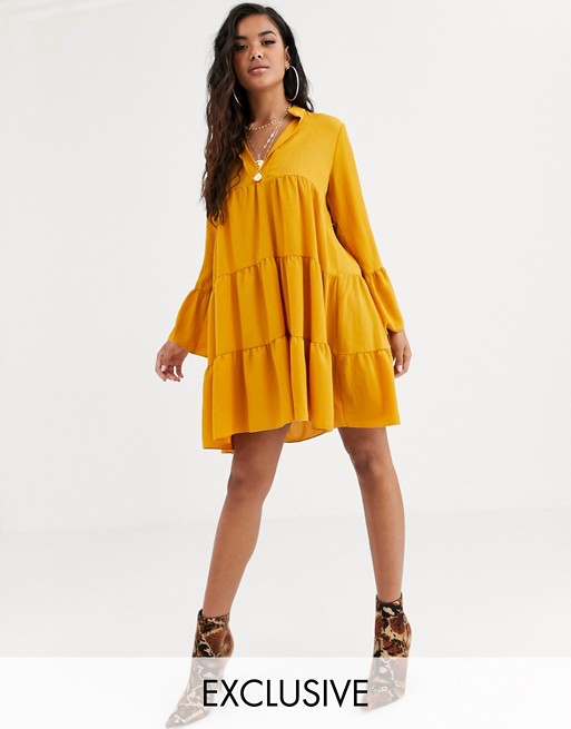 Boohoo tiered smock dress with long sleeves in mustard
