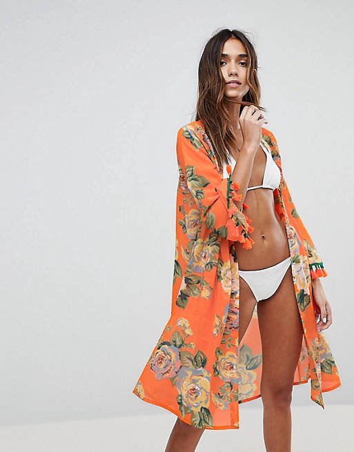 Boohoo Femme Vêtements Pulls & Gilets Gilets Kimonos Kimono De Plage À Pompons 
