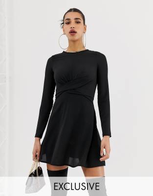 Boohoo twist wrap skater mini dress in black