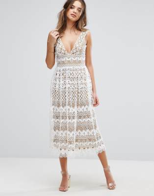 v neck lace midi dress