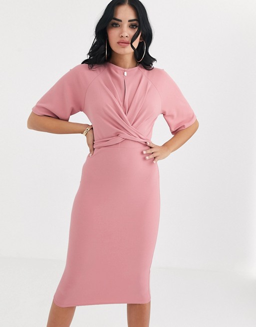 Boohoo wiggle midi dress with tie waist in pink