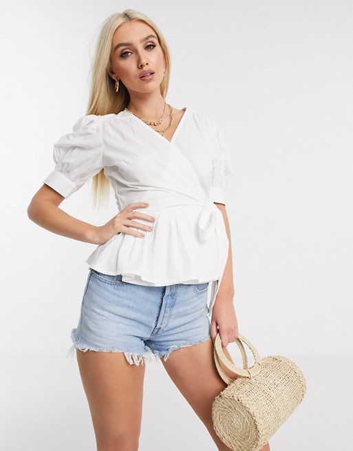 Boohoo wrap blouse with puff sleeve in white