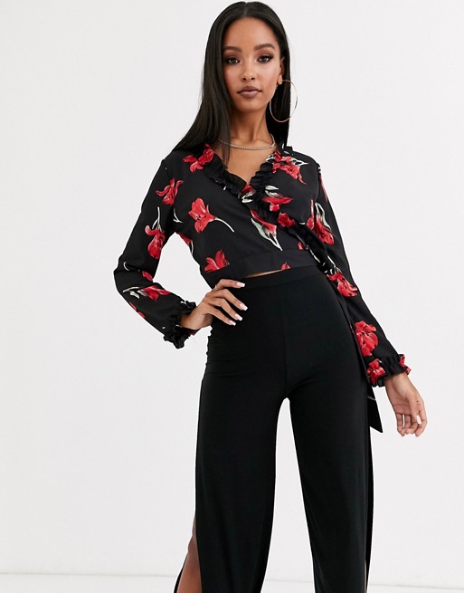 Boohoo wrap front blouse with ruffle edge detail in black floral