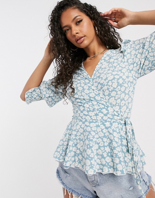 Boohoo wrap front blouse with shirred cuff sleeves in blue ditsy floral