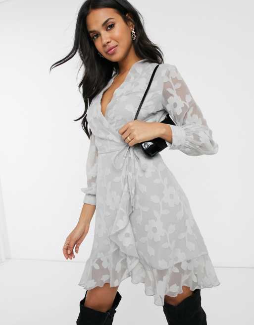 Boohoo wrap front dress with frill details in devore grey floral