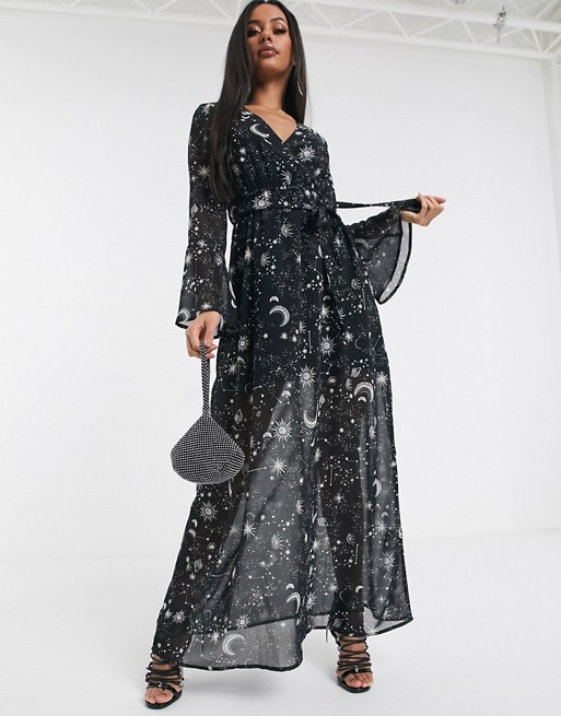 Boohoo wrap maxi dress with flared sleeve in black celestial print