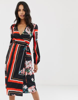 boohoo kimono sleeve midi dress in mixed stripe and floral print