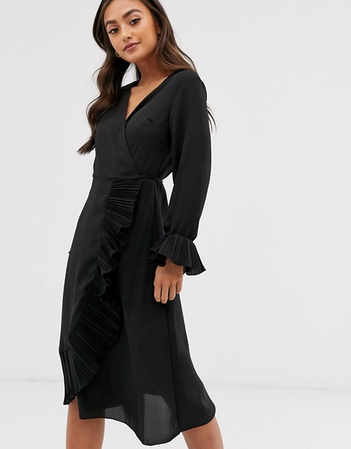 Boohoo wrap midi dress with pleated trim in black