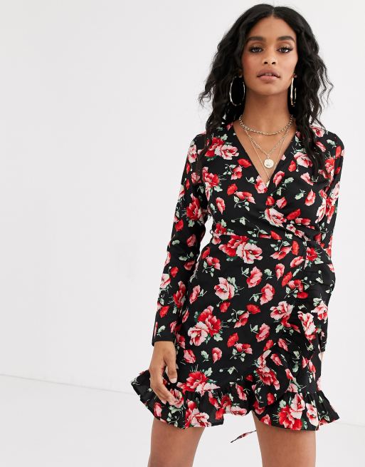 Boohoo wrap mini dress in black and red floral | ASOS