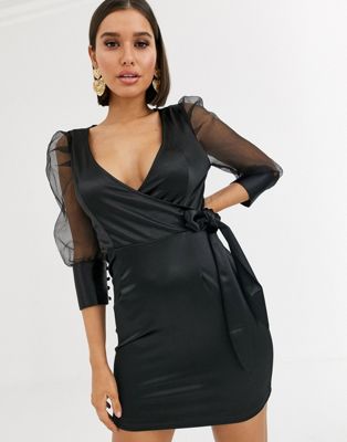 black satin wrap mini dress