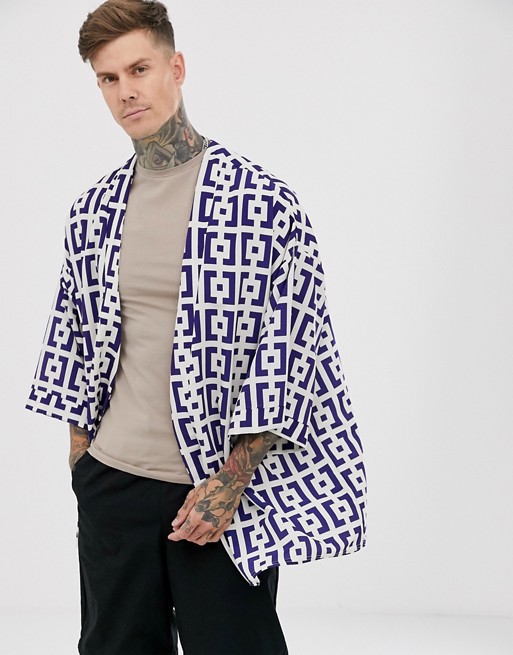 boohooMAN all over print short sleeve kimono in purple
