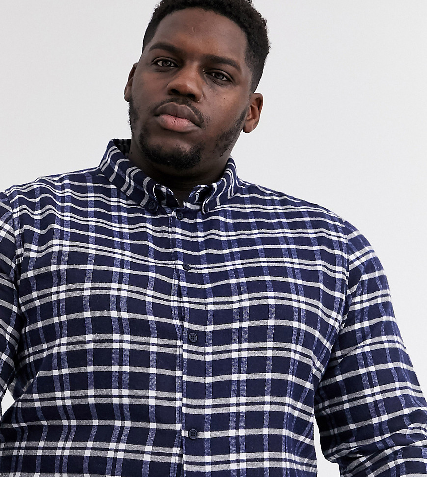boohooMAN Big and Tall classic check long sleeve shirt in black and white-Navy