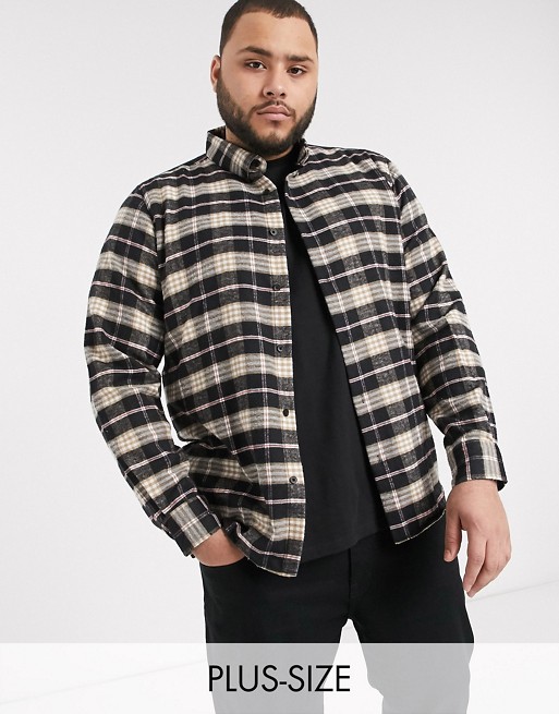 boohooMAN Big and Tall long sleeve contrast check shirt in black
