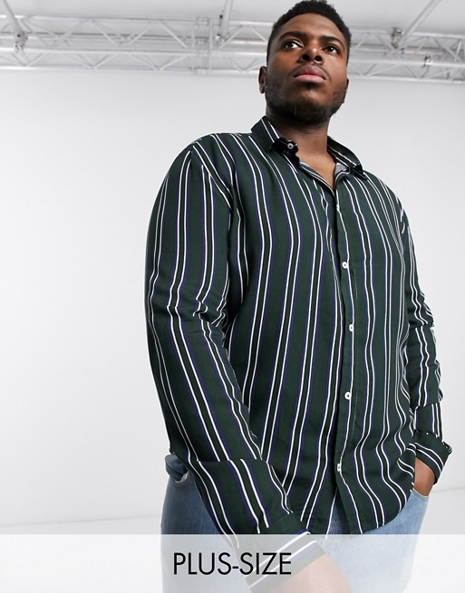 boohooMAN Big and Tall long sleeve stipe shirt in forest green