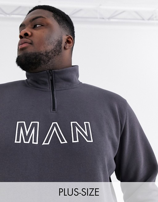 boohooMAN Big & Tall funnel neck man embroidered track top in grey