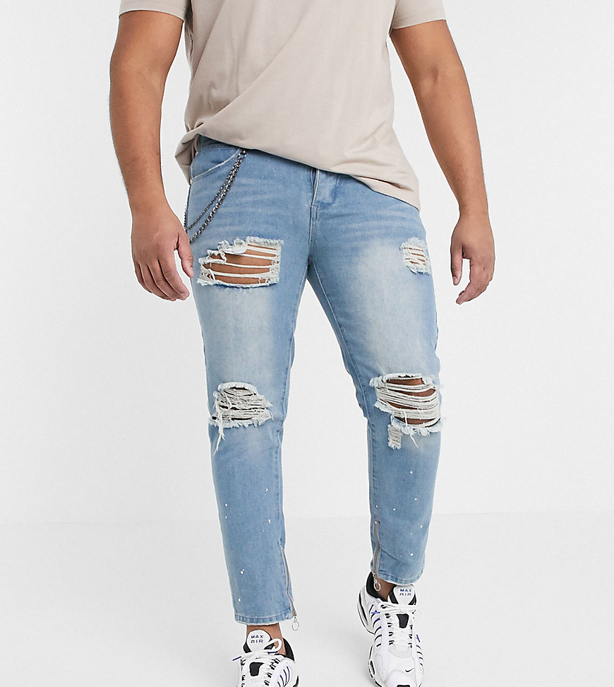 boohooMAN Big & Tall - Jeans skinny blu effetto invecchiato con catena