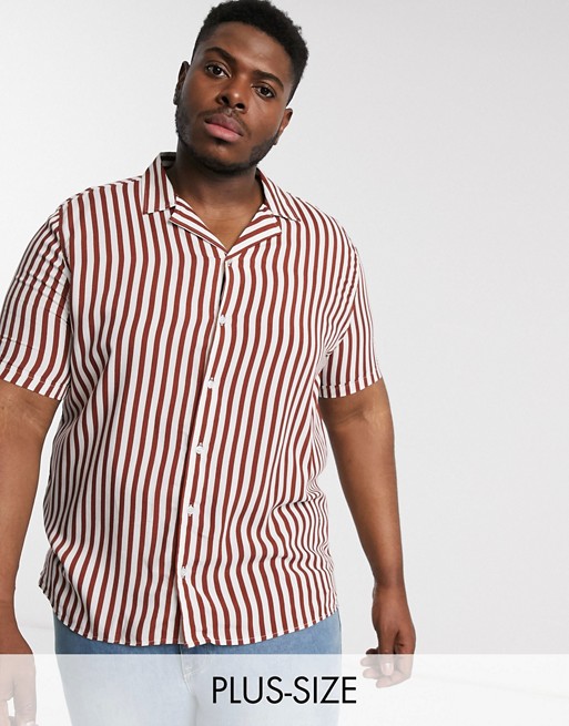 boohooMAN Big & Tall revere collar stripe shirt in rust