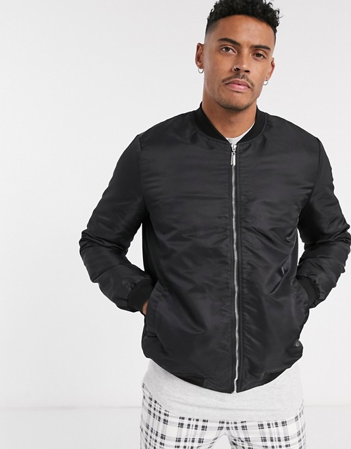 boohooMAN bomber jacket with anarchy back print in black