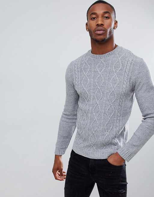 boohooMAN cable knit jumper in grey